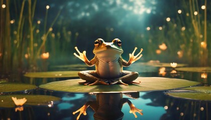 Macro Shot of a Frog Doing Yoga Moves on a Lilly Pad - obrazy, fototapety, plakaty