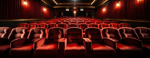 Row of empty red seats, movie theatre