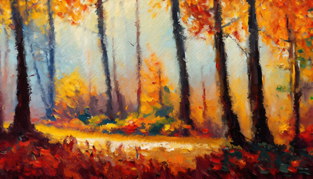 View in the forest in autumn. Oil painting artwork