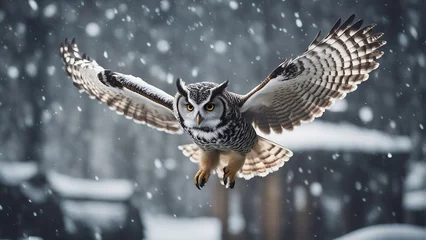 Fotobehang Sneeuwuil owl flying towards the camera in snowfall  