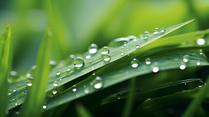 Naklejka premium Grass field in sunny morning, Beautiful Transparent Rain Dew Water Drops on Fresh Leaf Abstract Macro Real Photo Cute Wallpaper Nature Rain Dew Water Drops on Leaf AI Generated 