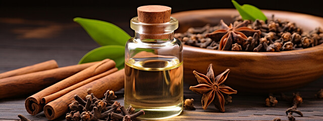 bottle, cans of cinnamon and clove extract essential oil