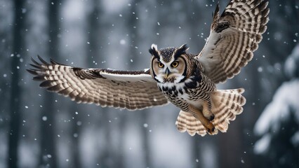 owl flying towards the camera in snowfall

