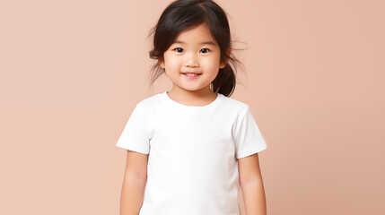 Asian little girl with braided hair. Blank t-shirt template. Pastel background in a studio.