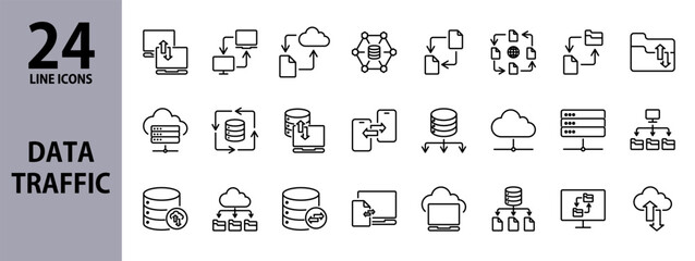 Data Traffic line icons set with Server, Cloud, File, Network, Exchange, Internet, Monitor, Notebook. Editable stroke