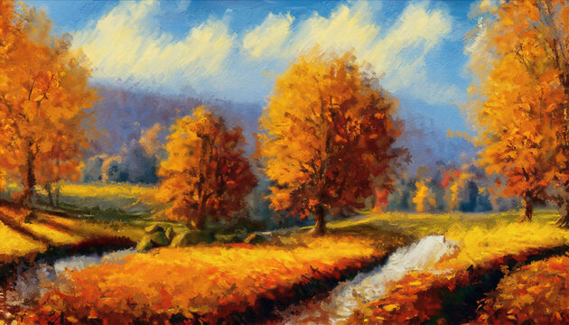 View of trees and grass fields in autumn. Oil painting artwork