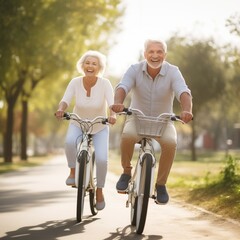 Happy mature couple riding bikes, bicycles in park.