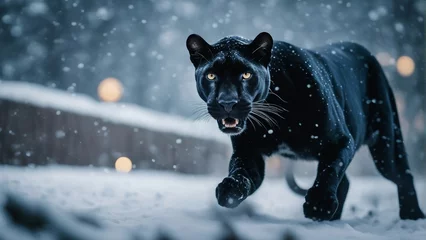 Tuinposter panther running towards the camera in snowfall   © abu