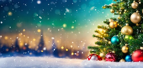 Christmas Tree With Ornaments In green and yellow lights Real Fir Branches With Glittering In Abstract Defocused Background