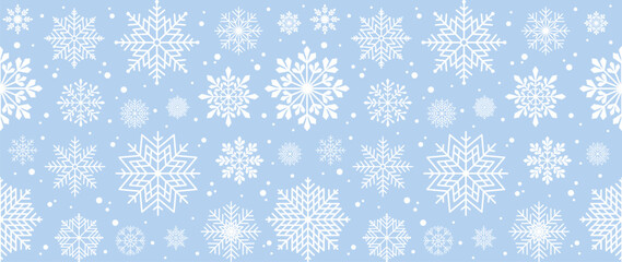 Winter background with snowflakes and snow. Seamless pattern. Vector illustration for cover, banner, poster, web, textiles and packaging. 