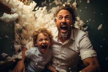 Happy father and son playing with confetti and having fun at home