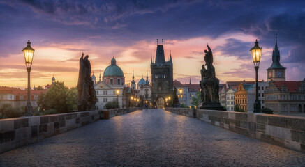 Twilight over Charles Bridge with historical landmarks