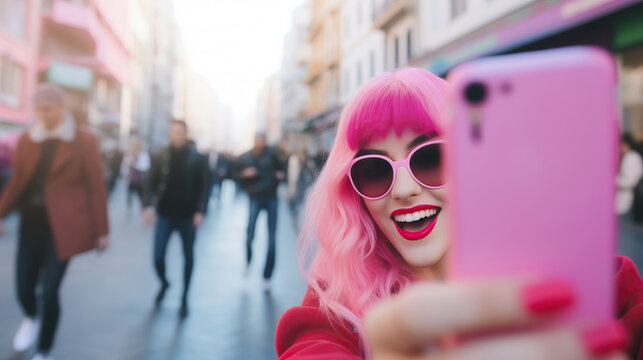 Generative AI image of a joyful woman influencer taking a selfie