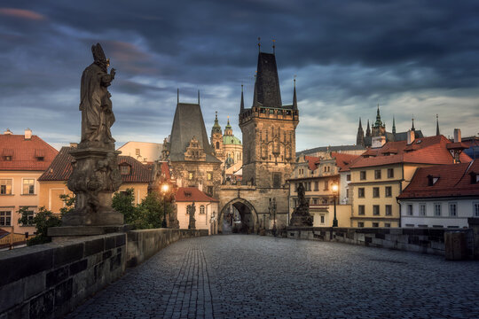 Sunrise over Charles Bridge in Prague