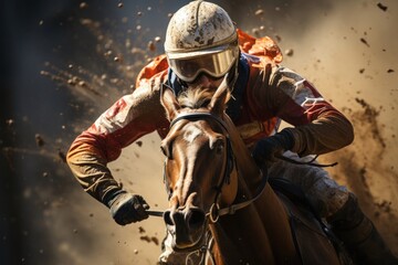 Jockey Riding a Brown Horse in a Thrilling Horse Race Generative AI