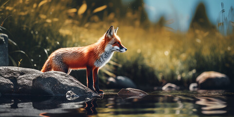 Red Fox hunting, Vulpes vulpes, wildlife scene from Europe. Orange fur coat animal in the nature habitat,Portrait of a red fox in the mountains. Generative ai - obrazy, fototapety, plakaty