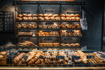 Fresh baked bread in a bakery in Prague, Czech Republic