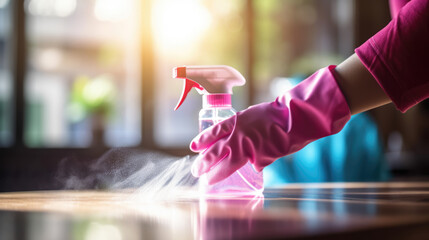 Person's arm in a rubber glove cleaning a bright, reflective surface with a spray bottle - obrazy, fototapety, plakaty