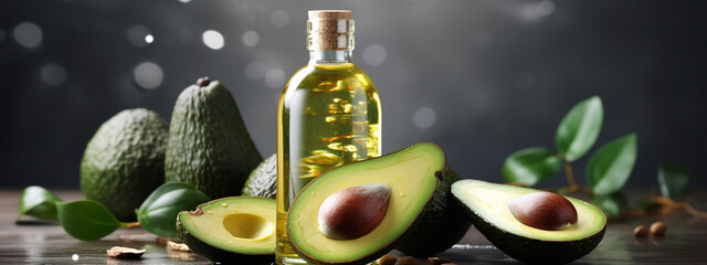 bottle, jar of avocado essential oil extract - obrazy, fototapety, plakaty