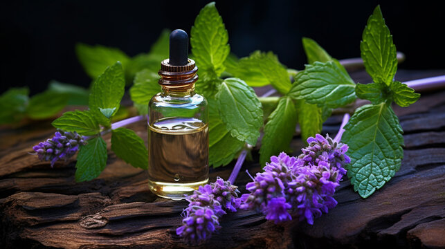 bottle, jar of patchouli essential oil extract