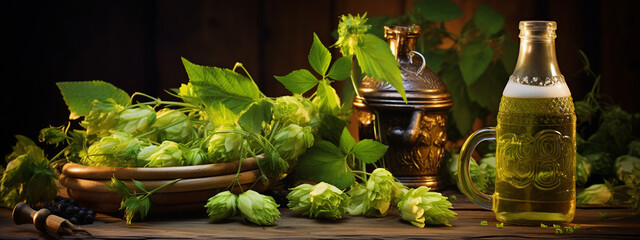 bottle, jar of hops essential oil extract,hop infusion.