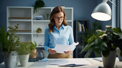 Woman in an office , wearing glasses and reading documents