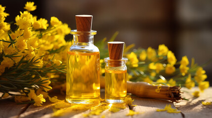 bottle, jar of immortelle essential oil extract