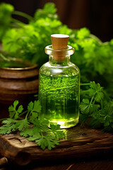 Obraz na płótnie Canvas bottle, jar of parsley essential oil extract.