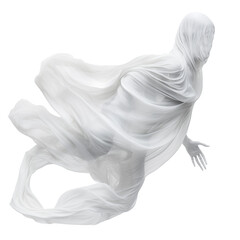 Realistic ghost isolated on a transparent background. Flying white ghost, evoking horror and fear, haunted house concept, Halloween theme on a transparent background in PNG format - obrazy, fototapety, plakaty