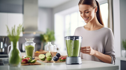 Woman in a modern kitchen preparing a smoothie , surrounded by fresh fruits and vegetables on the countertop.