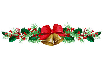 Christmas holly ornament with bells illustration New Year border decoration isolated vector