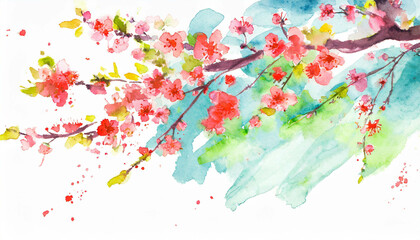 Cherry blossom branch full of flowers, in a colorful watercolor style. Generative AI
