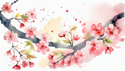 Cherry blossom branch full of flowers, in a colorful watercolor style. Generative AI
