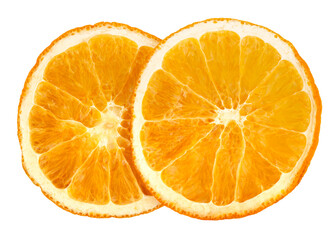 Two round dried orange slices, isolated on a white background. View from above.