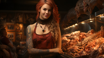 Young Tattooed Woman Butcher Behind the Meat Counter, Skillfully Selling Fresh Meat