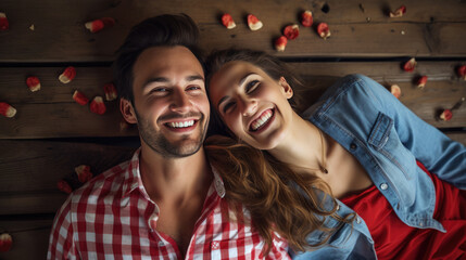 Happy couple lying on a wooden floor surrounded by red and white heart-shaped cutouts