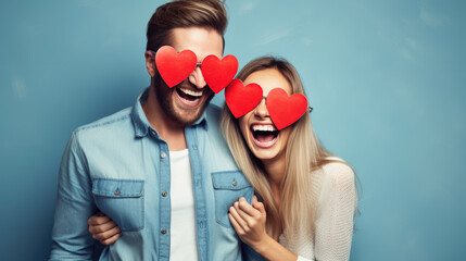 Happy couple celebrates valentine's day wearing heart-shaped glasses - obrazy, fototapety, plakaty