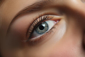 Closeup female eye with long eyelashes, woman eyebrow. Makeup, Cosmetics, Beauty. Close up - obrazy, fototapety, plakaty
