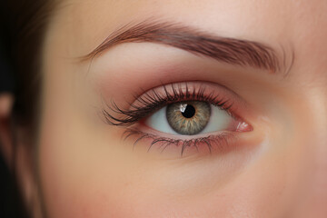 Obraz premium Closeup female eye with long eyelashes, woman eyebrow. Makeup, Cosmetics, Beauty. Close up