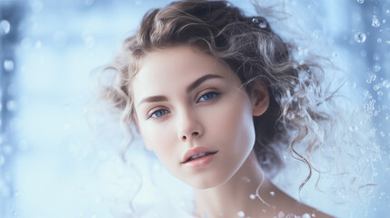 Portrait of a beautiful young woman with long curly hair and blue eyes with water splash on blue background. Spa treatment, face skin care, beauty, cleansing and moisturizing concept