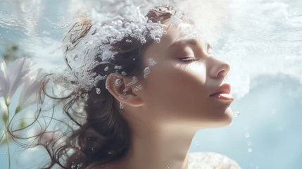 Foto op Canvas Portrait of beautiful young woman with water splash on her beauty face on blue background. Woman model with closed eyes. Spa treatment, facial skin care, cleansing and moisturizing concept © mikeosphoto