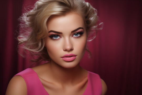Portrait of beautiful blonde woman with professional make up and hairstyle on pink