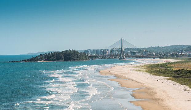 Aerial view of Ilheus, tourist town in Bahia. Historic city center with famous bridge in the background