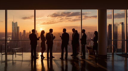 Silhouetted professionals are standing by large windows overlooking a city skyline at sunset, reflecting on the glossy office floor.