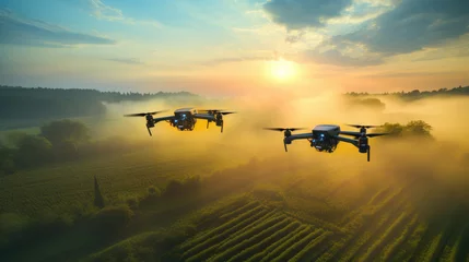 Gordijnen Drones flying over a golden wheat field at sunrise, with a serene rural landscape in the background. © MP Studio