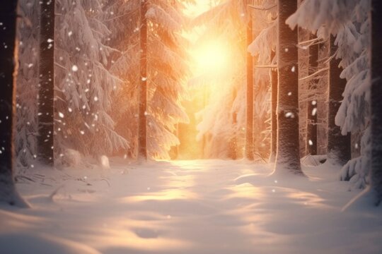 A mesmerizing winter scene unfolds in this photo: a snowy forest adorned with sparkling snow, bathed in the gentle glow of sun rays