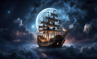 A pirate ship flying through the clouds in the night sky.