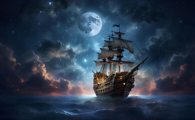 A pirate ship flying through the clouds in the night sky.