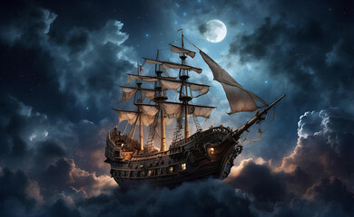 A pirate ship flying through the clouds in the night sky.
