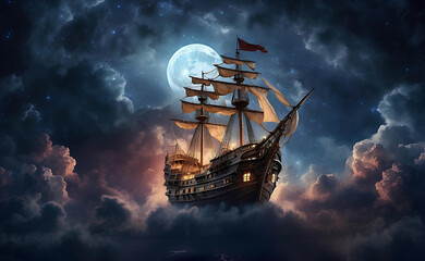 Fototapeta premium A pirate ship flying through the clouds in the night sky.